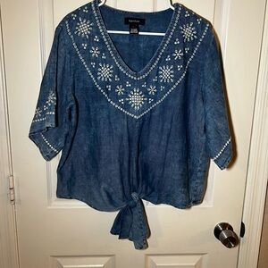 Karen Kane Denim Blue Embroidered Blouse 100% Cotton